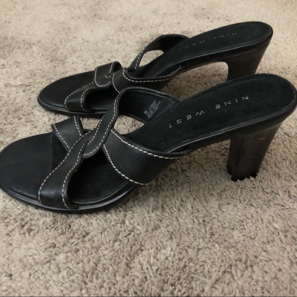 Nine West black heel sandals with white stitching